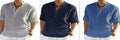 Men's solid colour cotton linen casual shirt with stand collar and long sleeves.