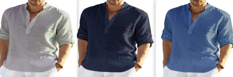 Men's solid colour cotton linen casual shirt with stand collar and long sleeves.