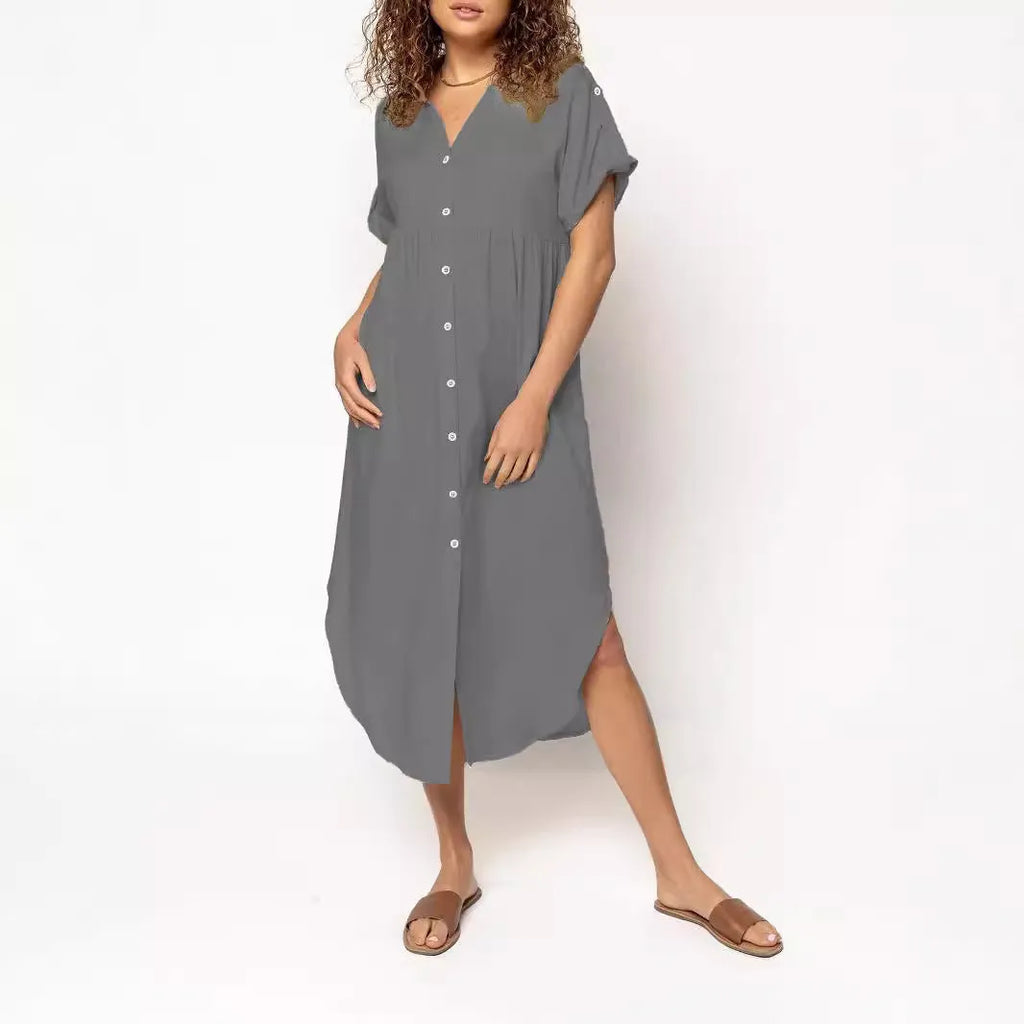 Loose mid-length casual dress with button front in solid colour, shown in apricot