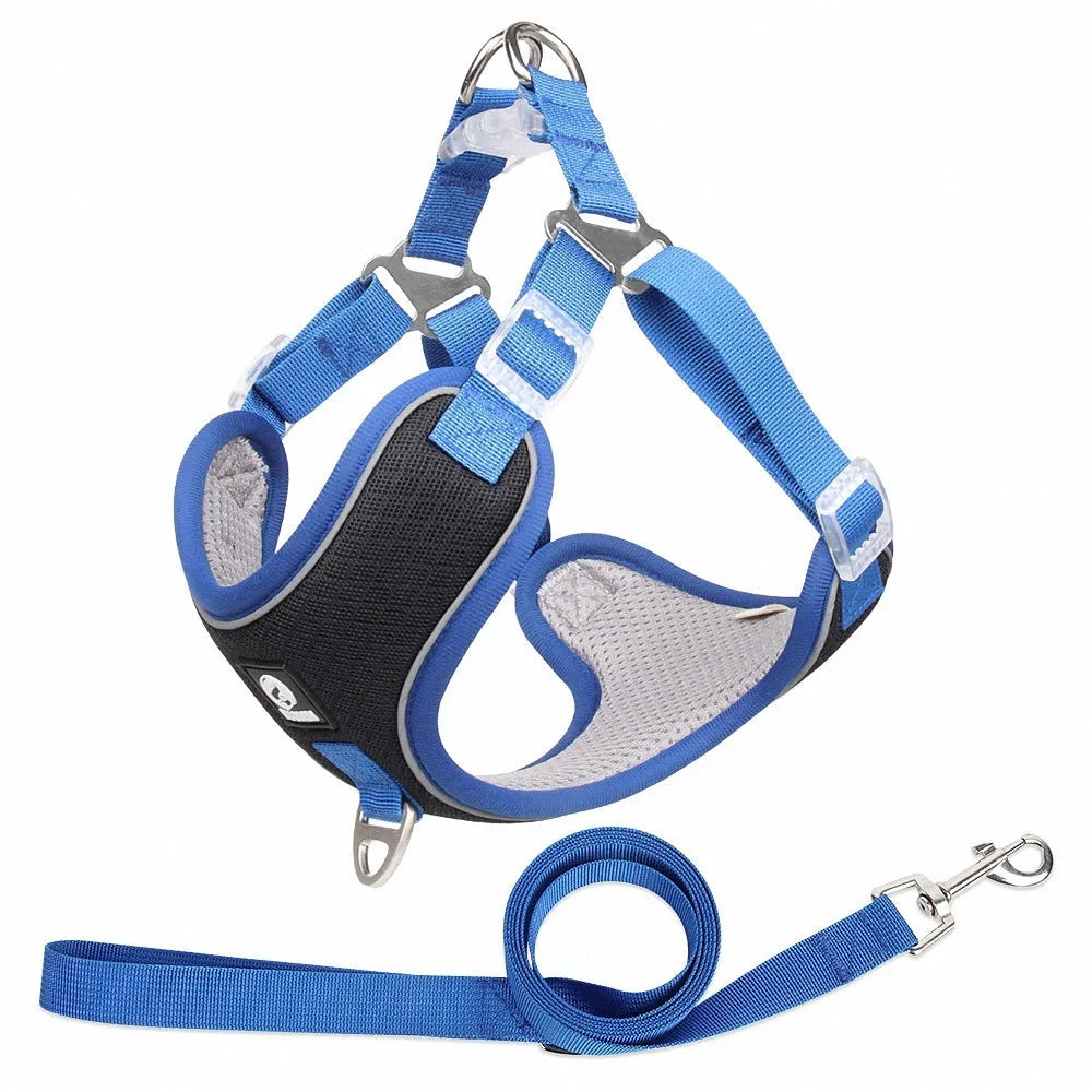 Adjustable mesh dog harness with reflective trim in black red grey or light purple colours