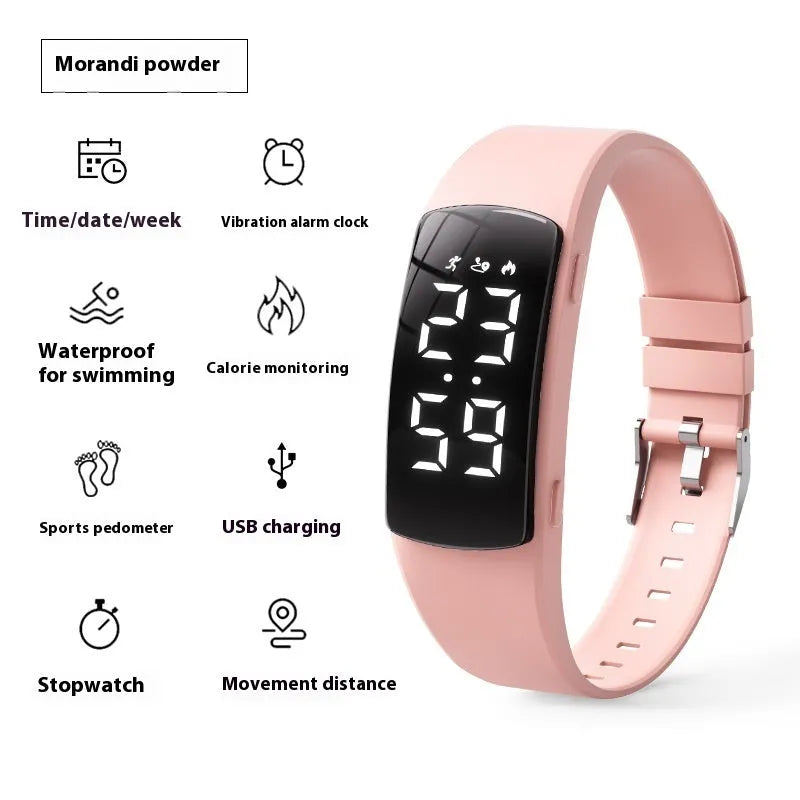 Vibration alarm waterproof electronic watch with coloured silicone strap and LED display.