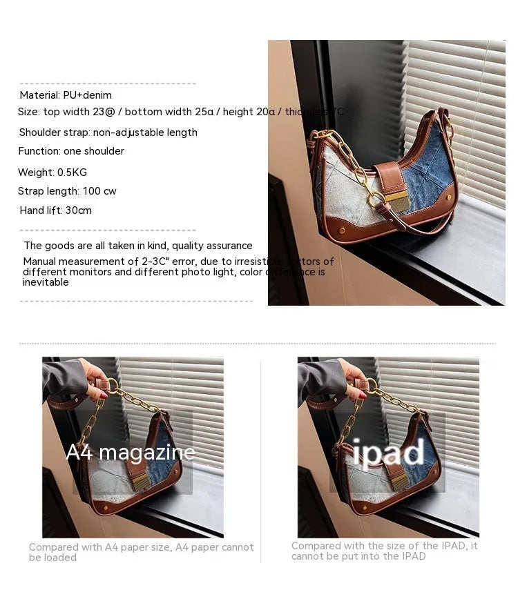 Brown denim women's shoulder bag with diamond mesh pattern and chain strap details