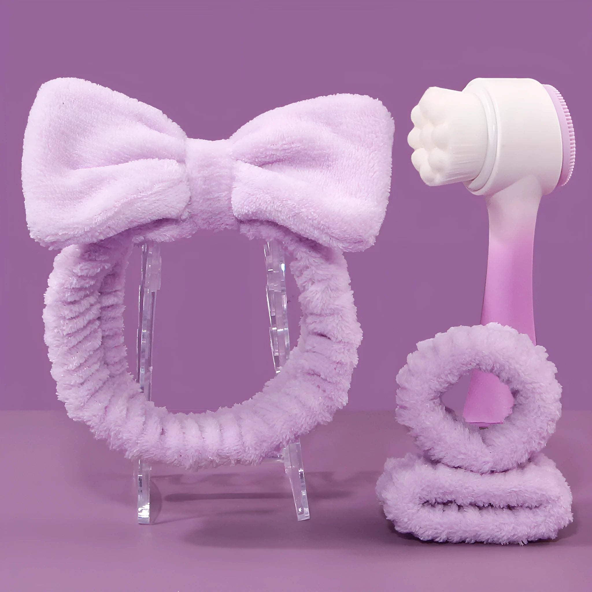 Facial brush set with coral fleece hair band, nylon brush, and face wash mitts in assorted colours