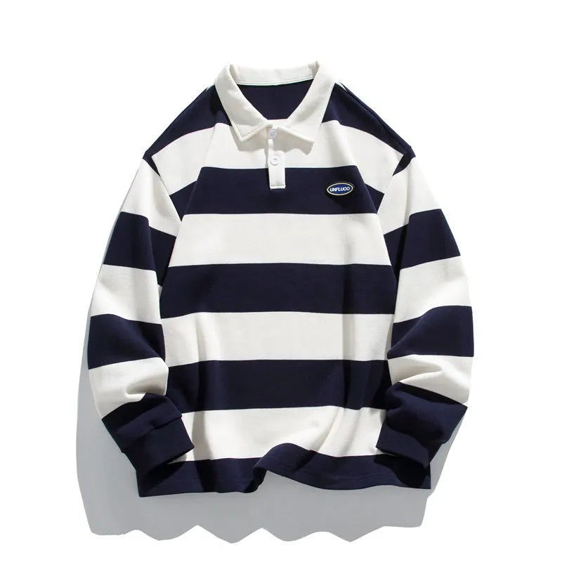 Hong Kong-style striped polo shirt in pearl cotton with lapel collar and loose fit