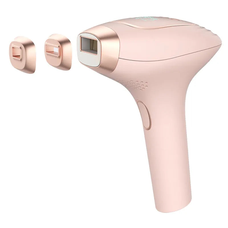 Pink and white laser hair removal device with ice-sensing technology, protective glasses, and charging accessories