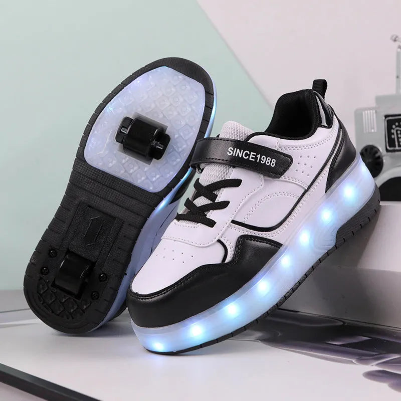 Charging flash roller skates with LED light-up wheels in black, pink, purple and white colour options