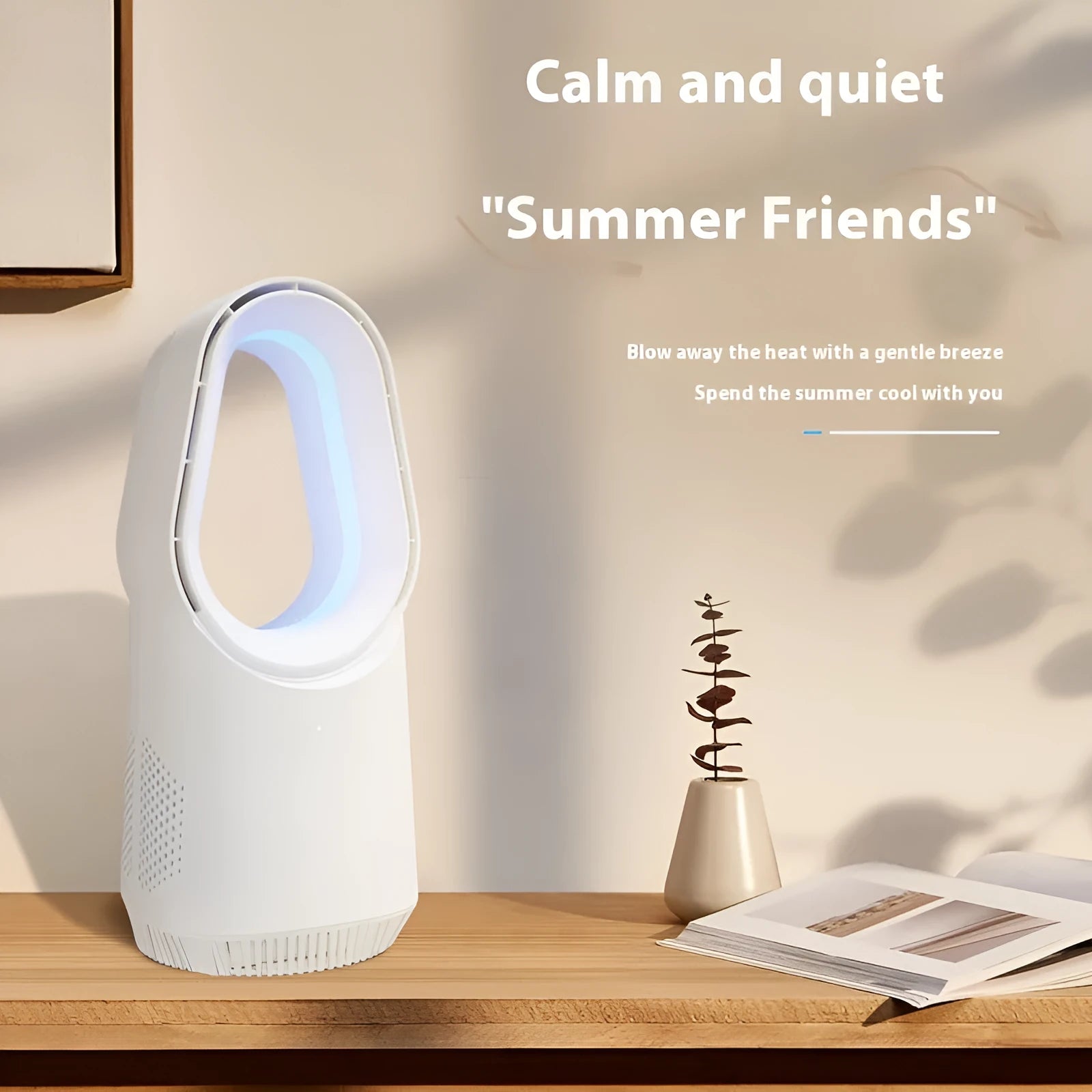 White SK bladeless tower fan with remote control on a desk