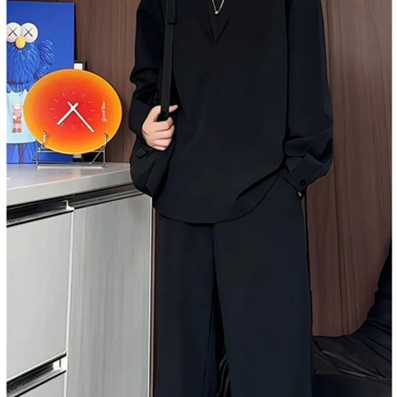Men's black slim fit hemp polo shirt and trousers two-piece casual suit set on hanger