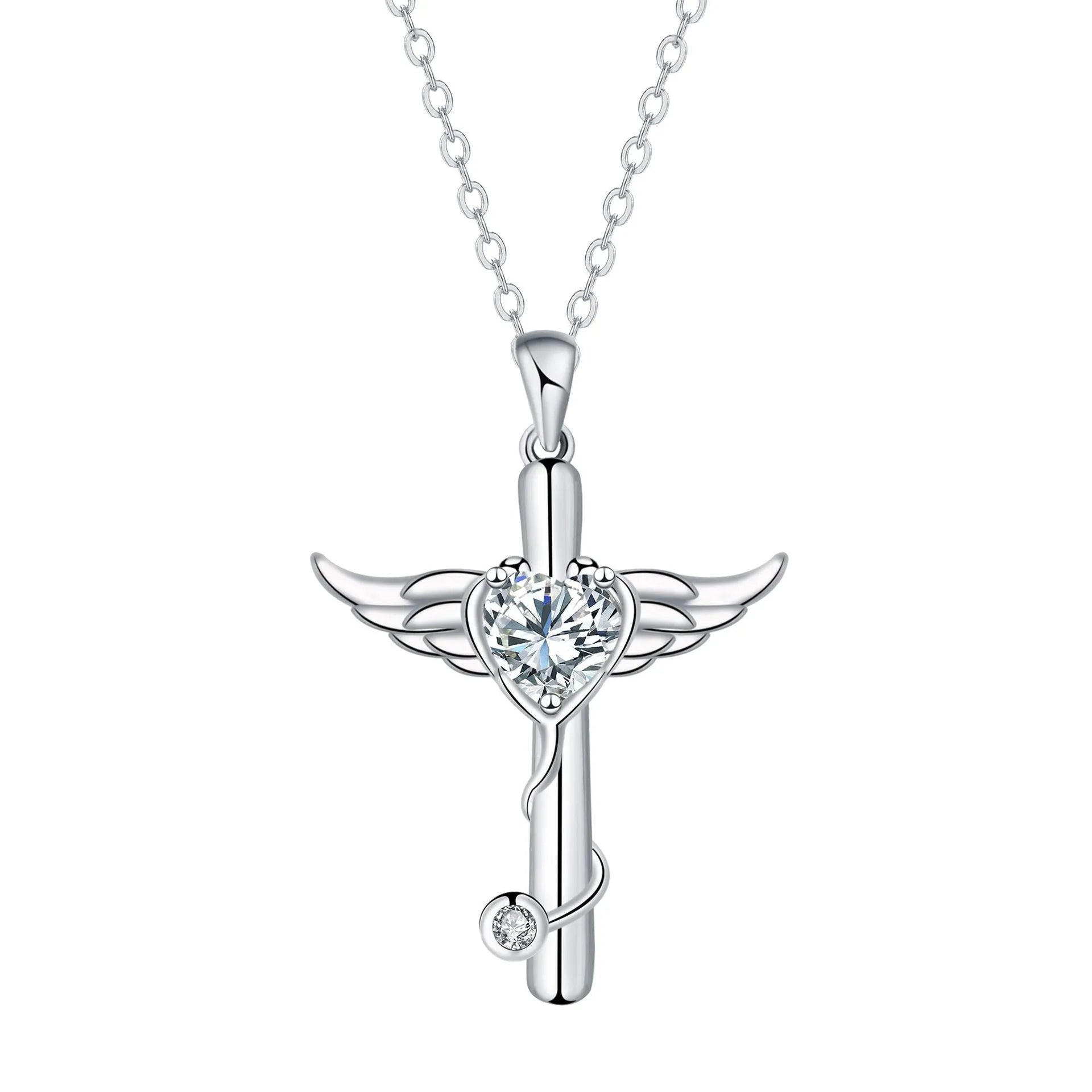 A copper stethoscope necklace with a cross and wings pendant in Red Diamond finish