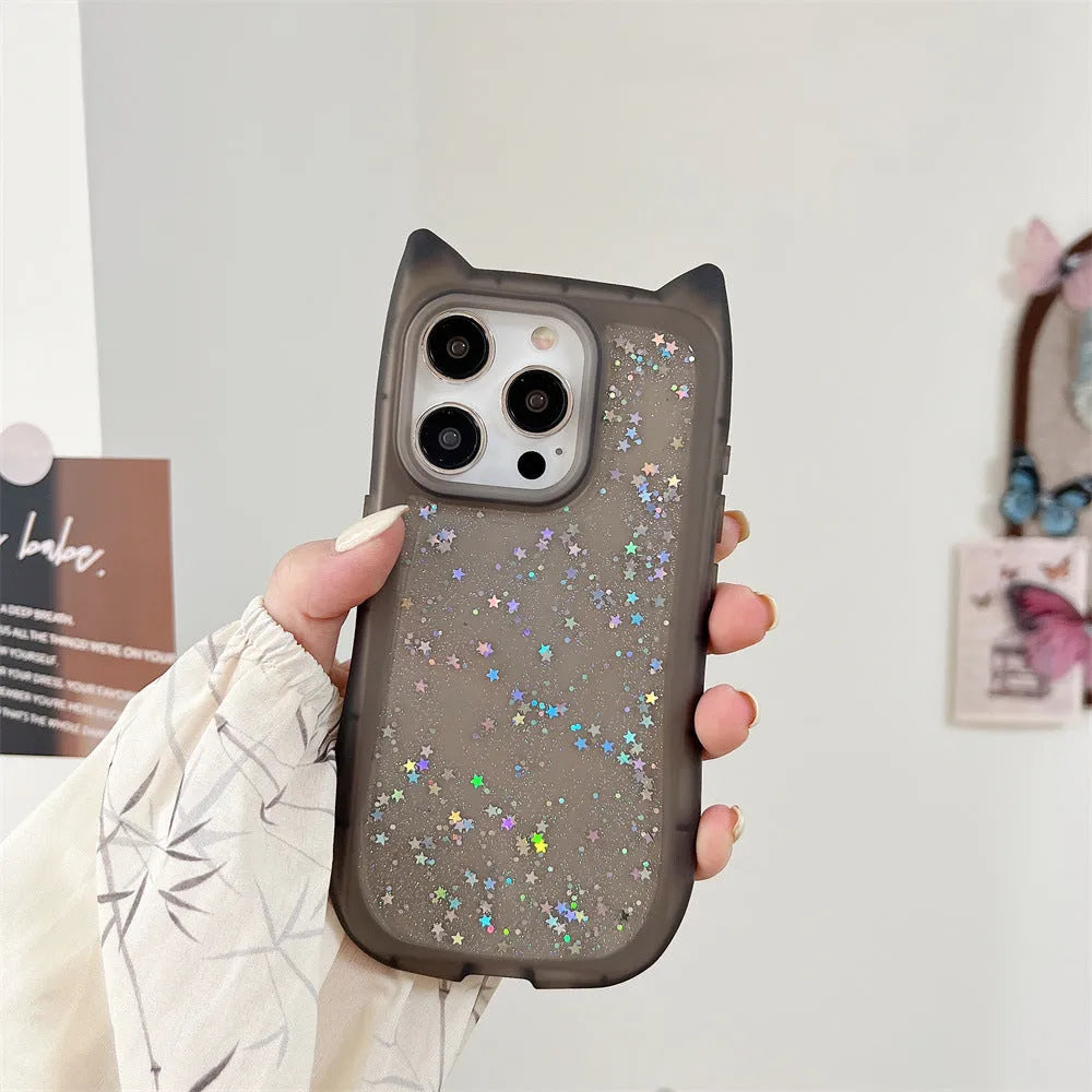Three-dimensional cat ears epoxy glitter TPU phone case for Apple iPhone, available in pink, white, purple, black, and transparent