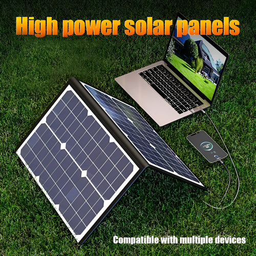 Black 40W monocrystalline solar panel folded in carrying bag showing compact 425mm size