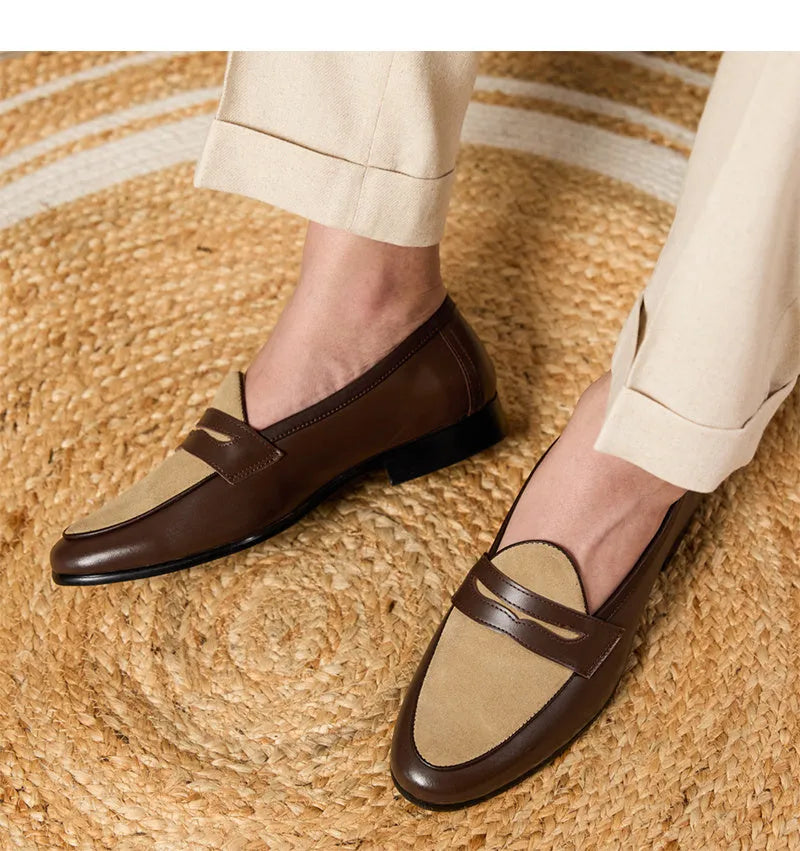 Men's coffee grey suede leather loafers in British style with a slip-on design