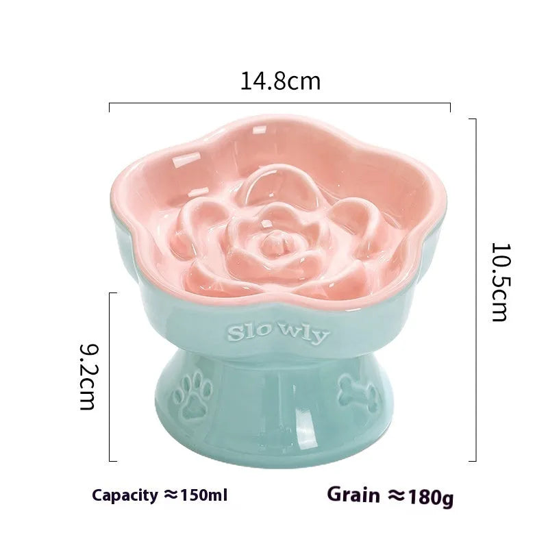 A white ceramic pet bowl with a high foot and raised neck protector to prevent tipping.