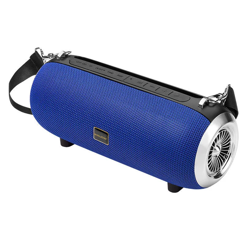 F666 portable Bluetooth speaker in mesh plastic case with shoulder strap, shown next to a mobile phone.