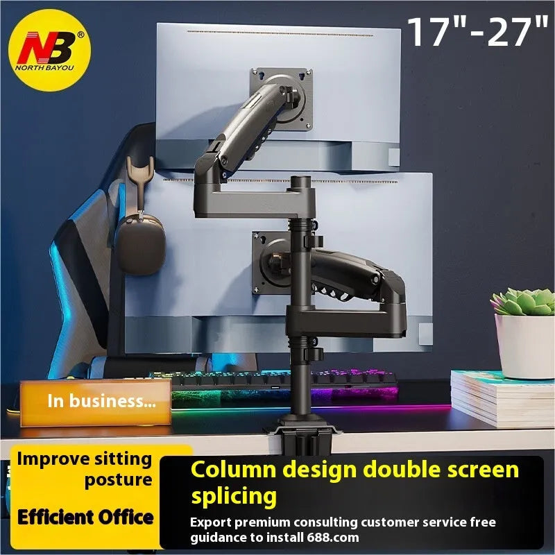 Aluminium alloy dual monitor desktop bracket in gun black colour, showing two adjustable arms for screens.