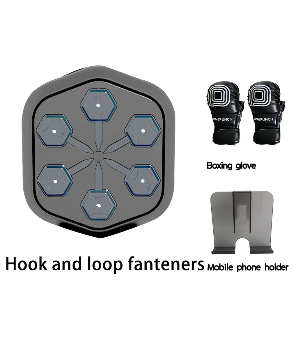 Black smart music boxing machine with Bluetooth connection and included boxing gloves