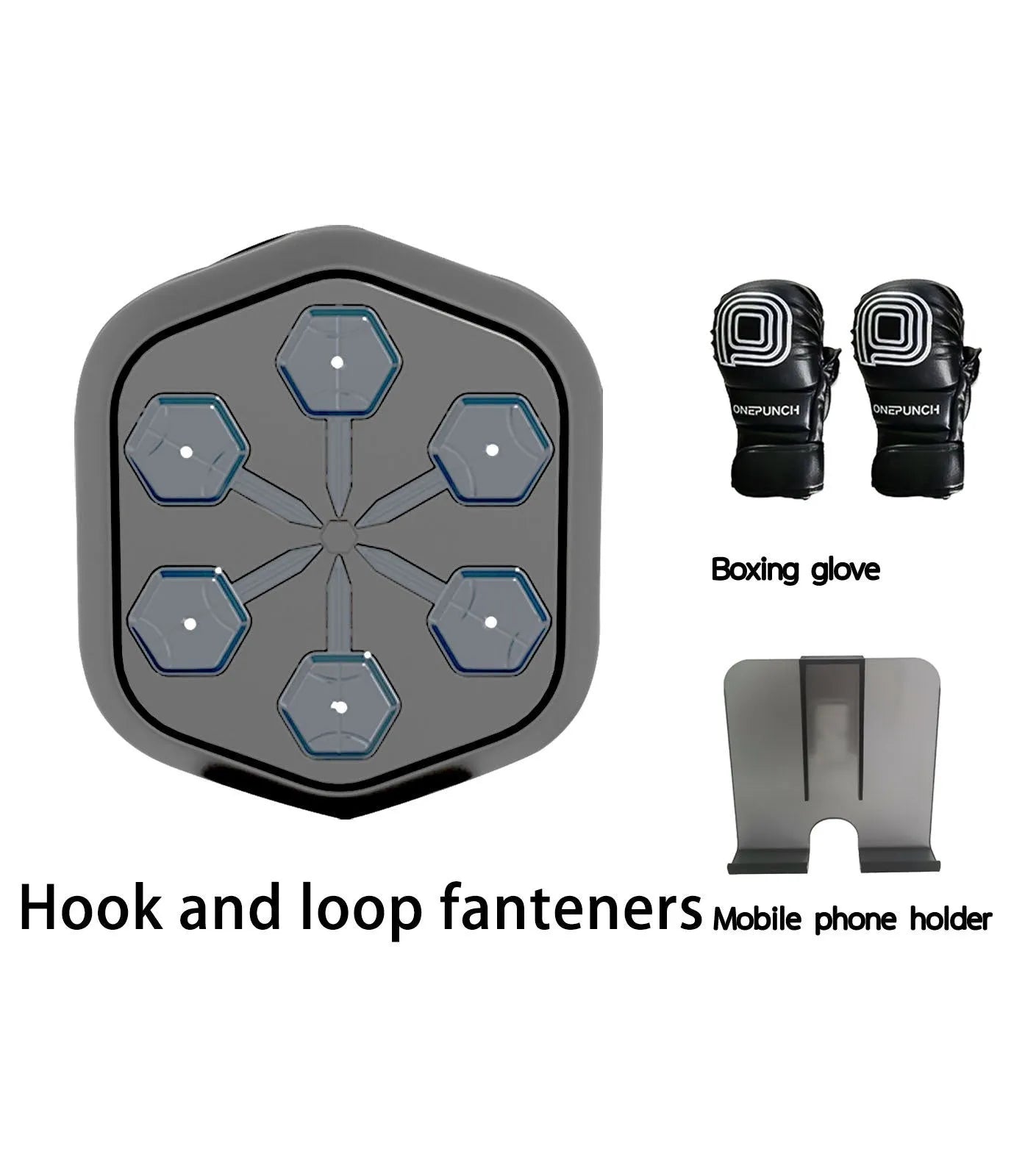 Black smart music boxing machine with Bluetooth connection and included boxing gloves