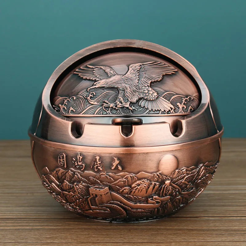 Alloy ashtray with smoke extinguishing slot in bronze finish featuring decorative dragon and phoenix design