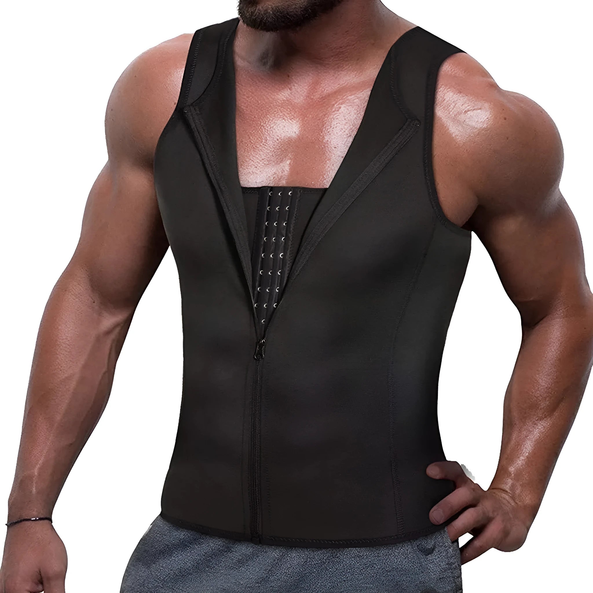 Men's black body shaper zipper vest with lumbar support and belly contraction seamless design