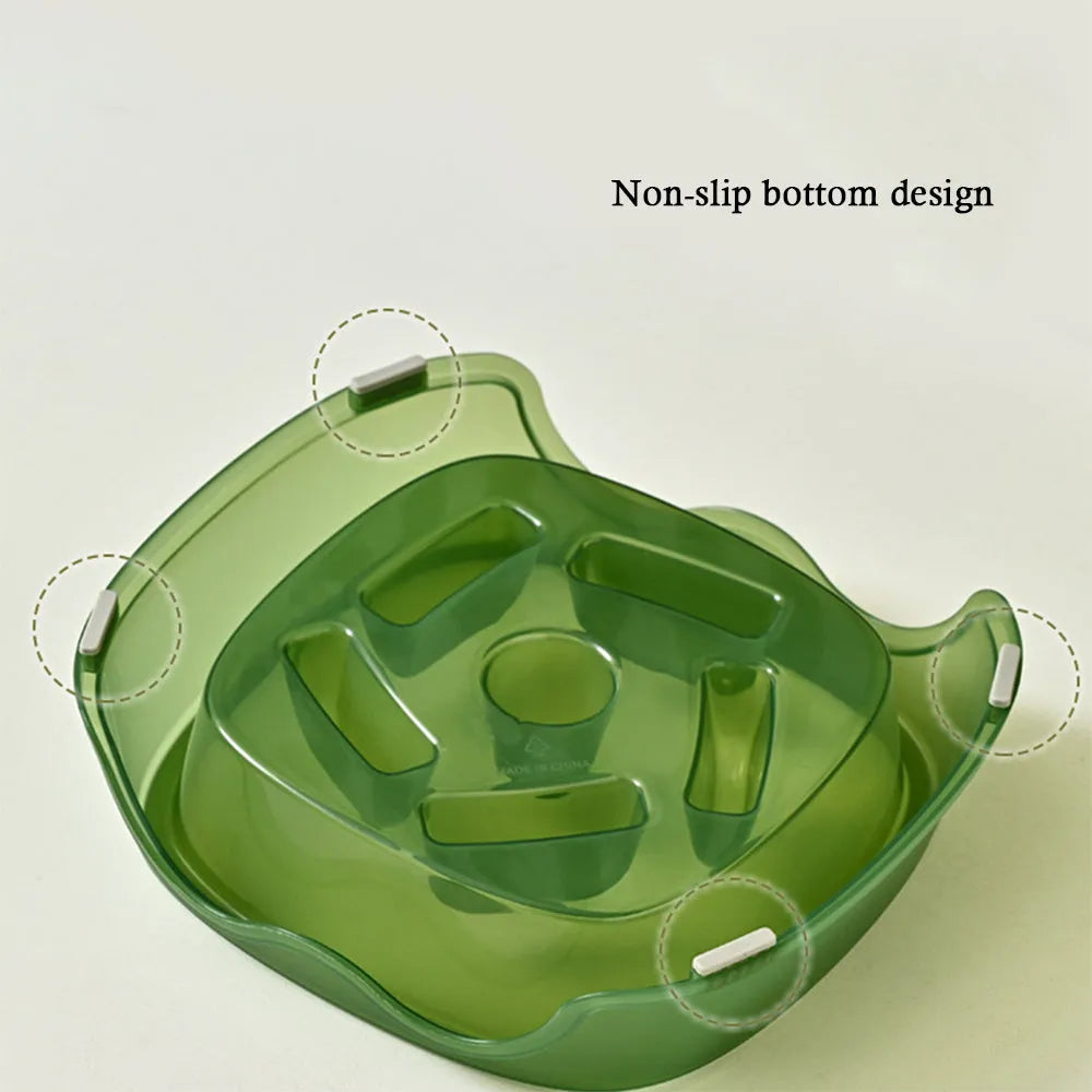 Blue plastic dog slow feeder bowl with anti-choking ridge design for puppies and dogs.