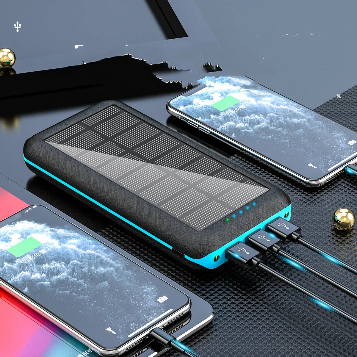 Black portable power bank with wireless charging pad on top, three USB ports, and an LED flashlight.