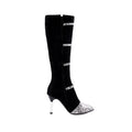 Black knee-high boots for women with 9cm thin heels and pointed toe