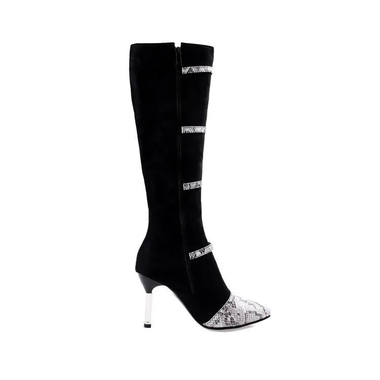 Black knee-high boots for women with 9cm thin heels and pointed toe
