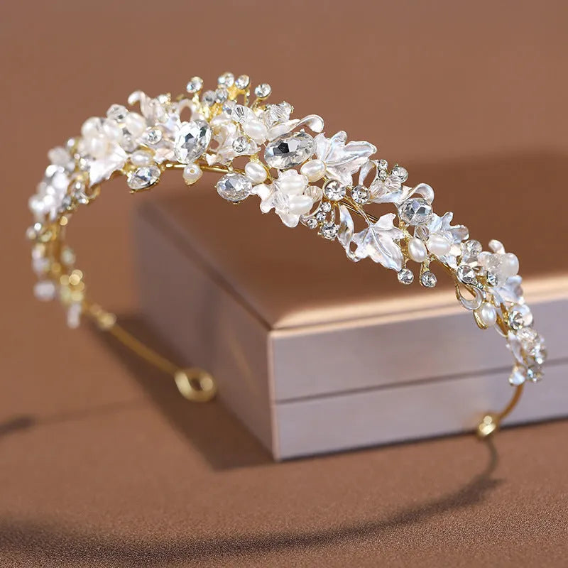 Pearl crown headdress for women with gold electroplated finish and alloy construction