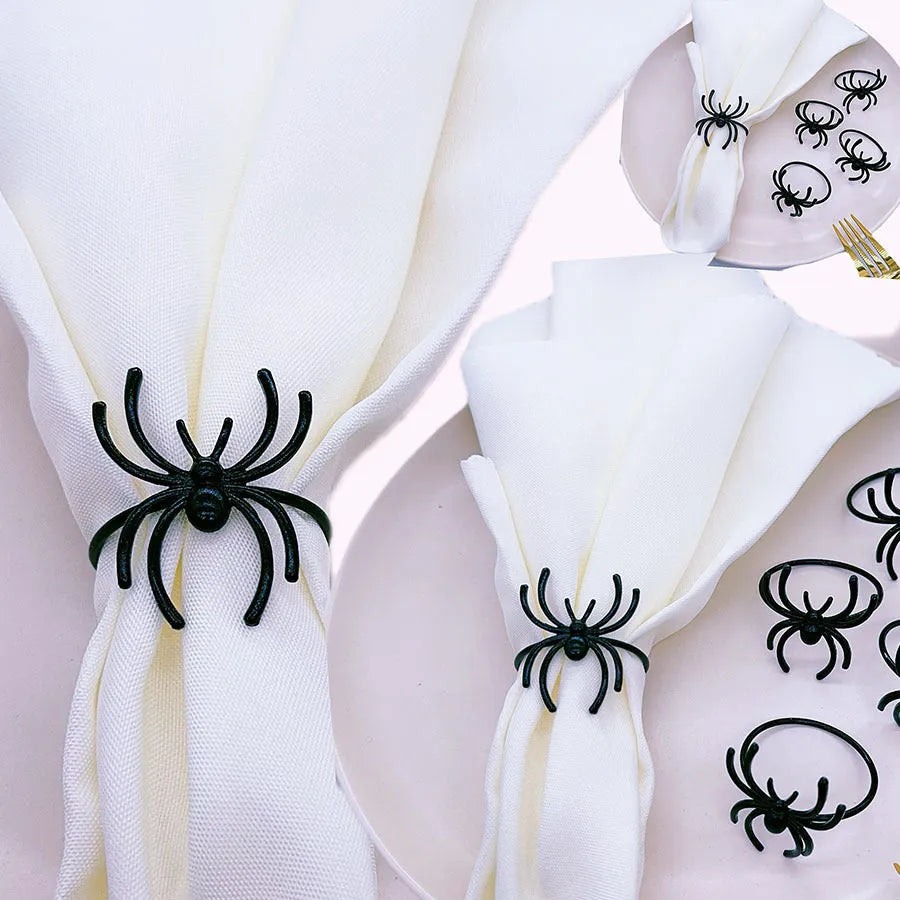 Set of six black spider Halloween napkin rings made from alloy material