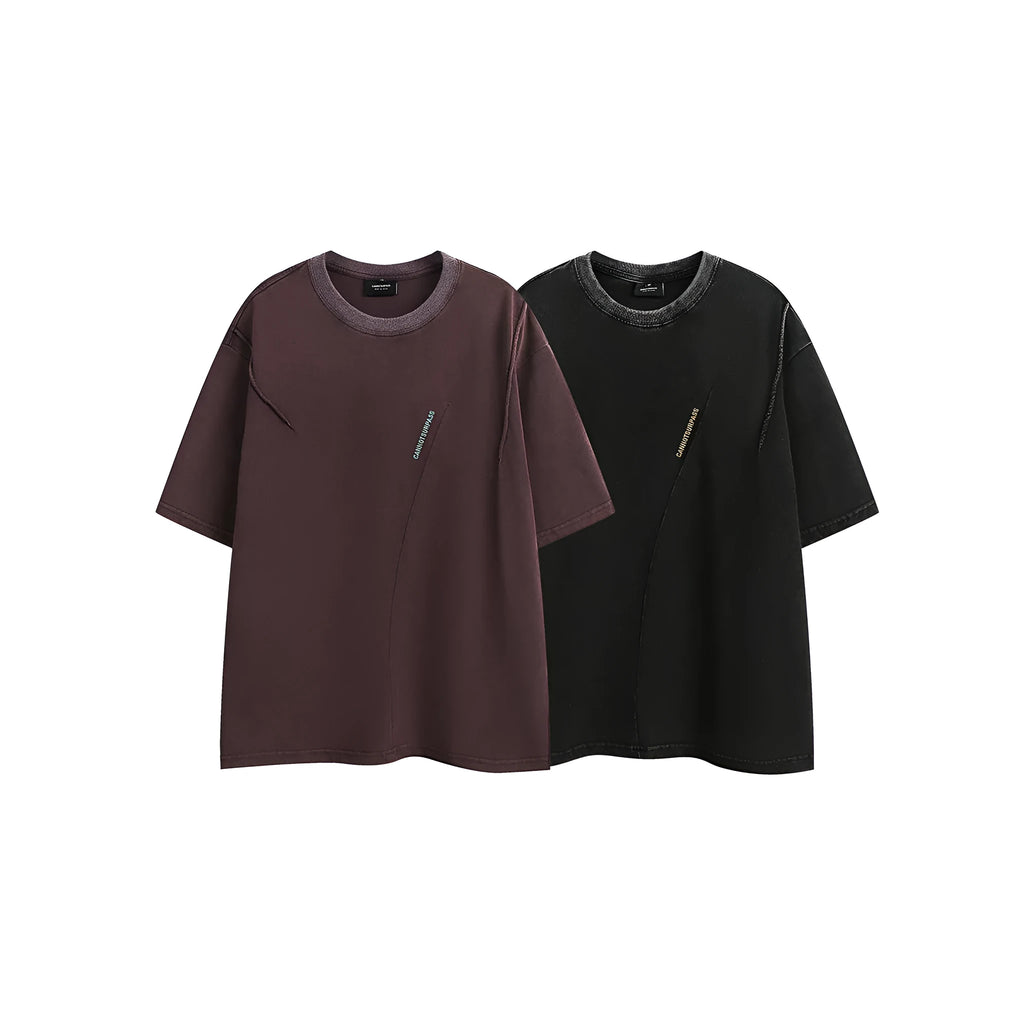 Retro embroidered washed cotton T-shirt in purple and black colours with half-sleeve design