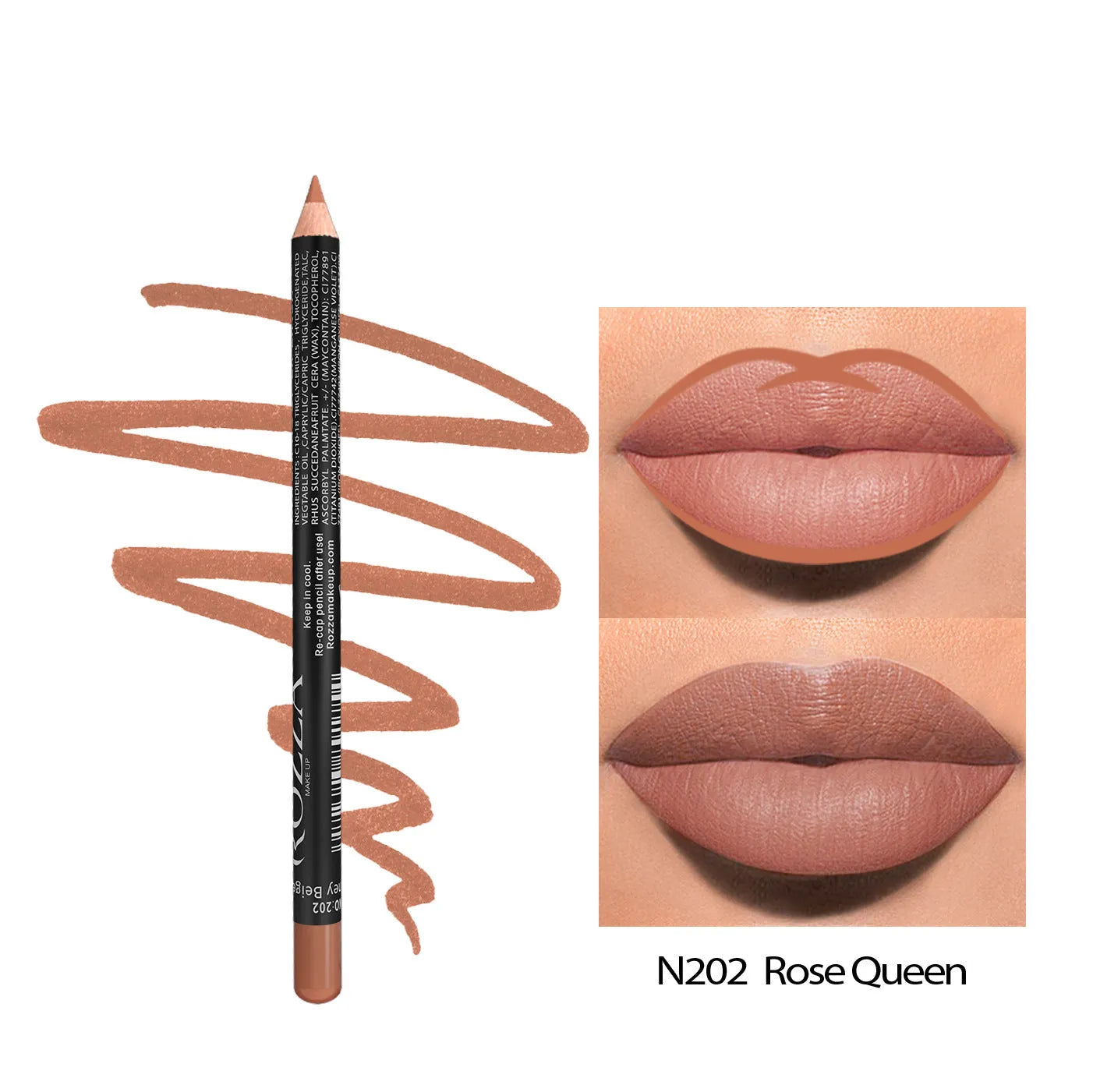 Wooden matte lip liner pencil in various shades showing 24 hour wear and waterproof claim