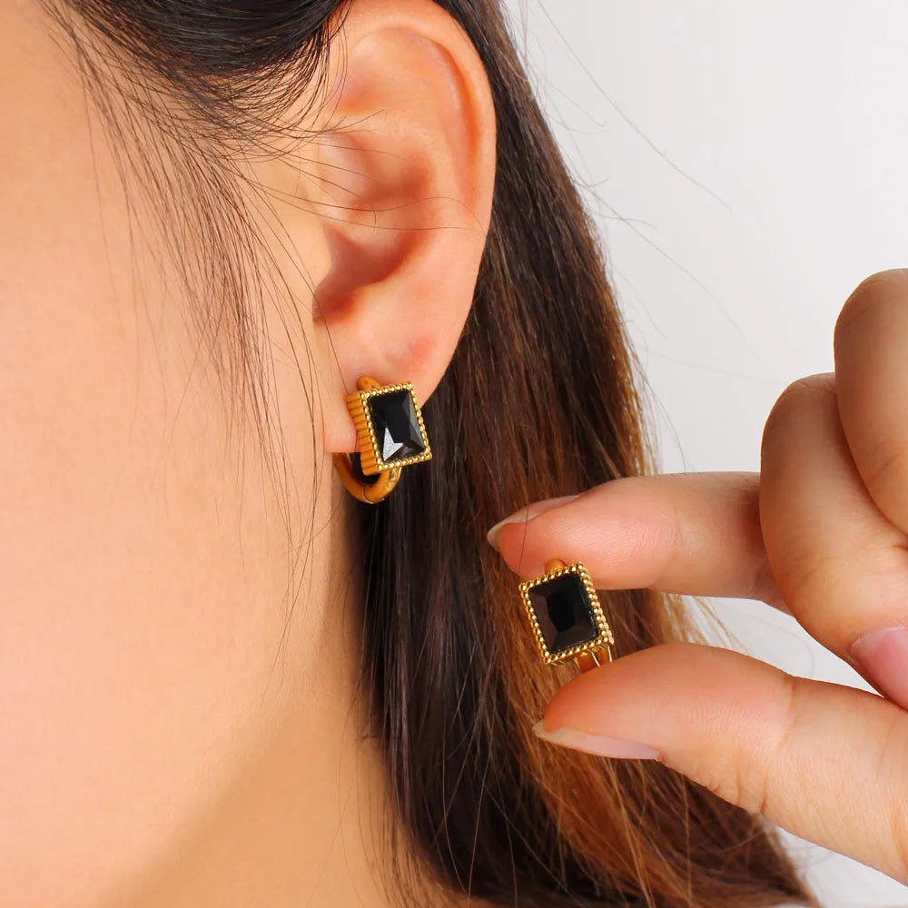 Square zircon stainless steel earrings in geometric design available in white, black, or green colours