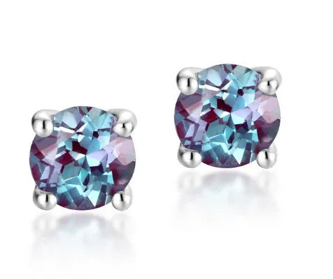 Simple geometric round ear studs with cultivated alexandrite stones in 925 silver setting