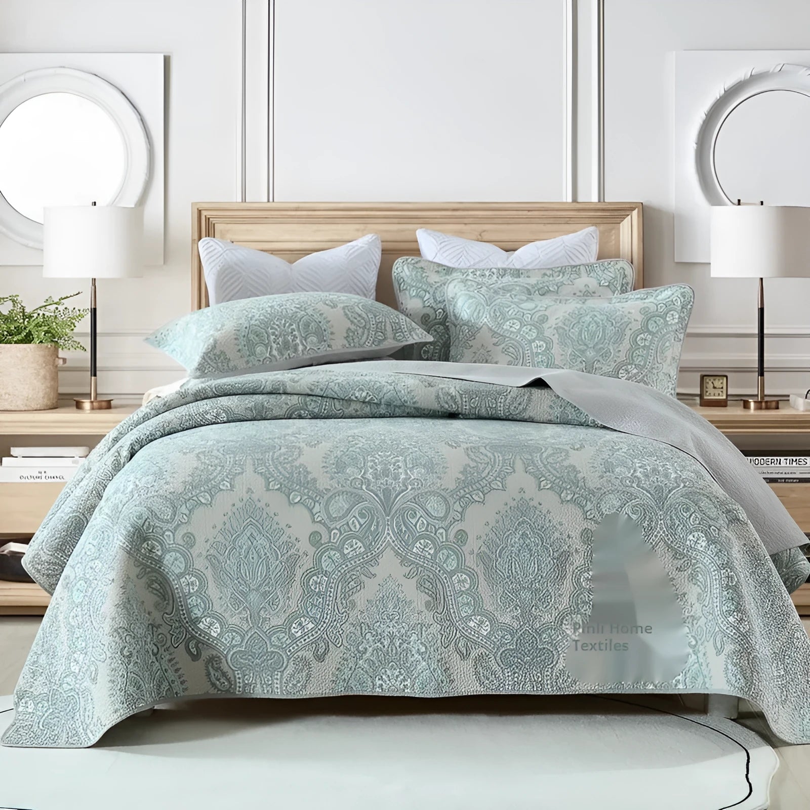 Pure cotton bedspread three-piece set with geometric print pattern showing bed cover and pillowcases