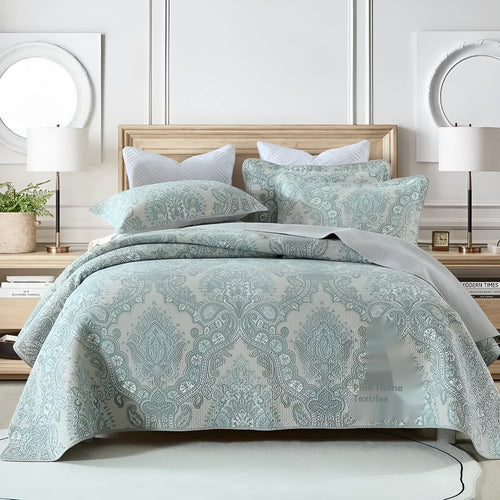 Pure cotton bedspread three-piece set with geometric print pattern showing bed cover and pillowcases