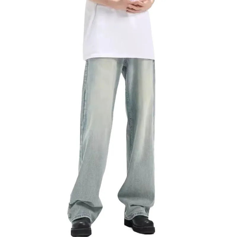 Blue loose retro trousers made from rabbit fur fabric with elastic waistband