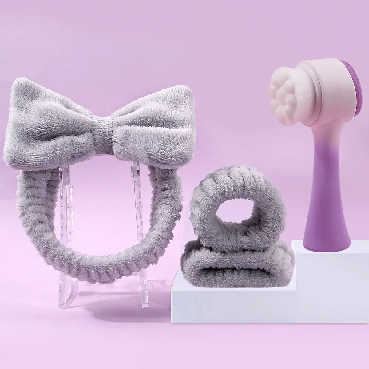 Facial brush set with coral fleece hair band, nylon brush, and face wash mitts in assorted colours