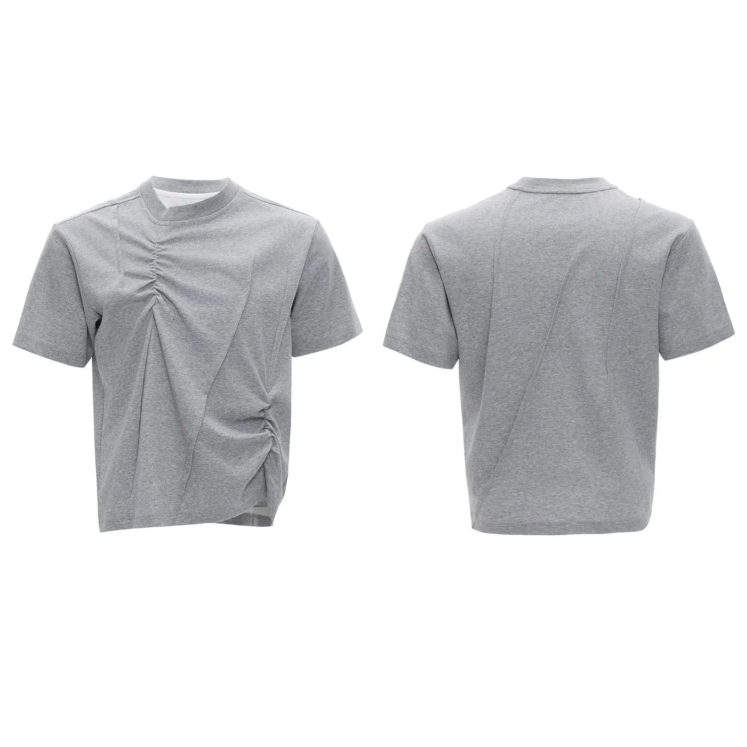 Men's grey cotton T-shirt with pleated detail on the front, showing a loose fit and round neck.