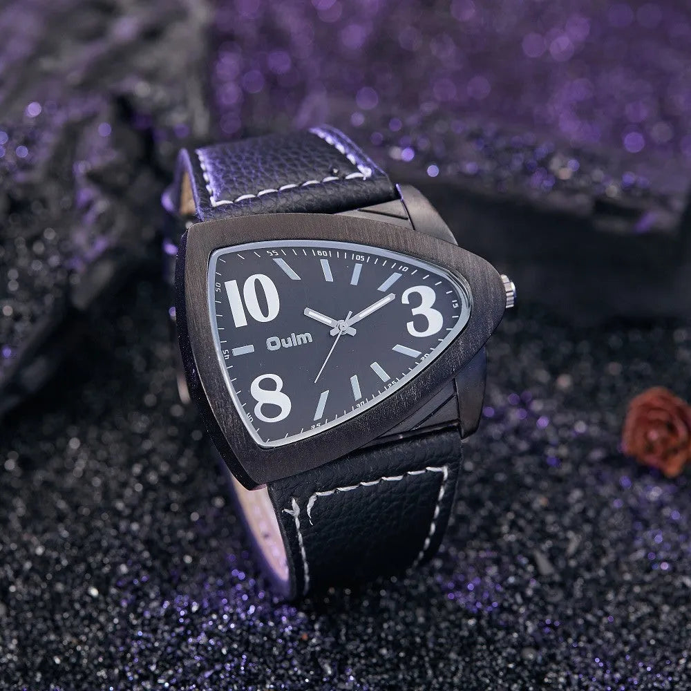 Men's triangular quartz watch with leather-style strap in brown colour showing 9mm case thickness