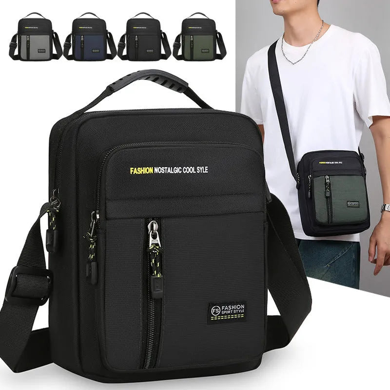 Men's green nylon casual crossbody messenger bag with a single shoulder strap.