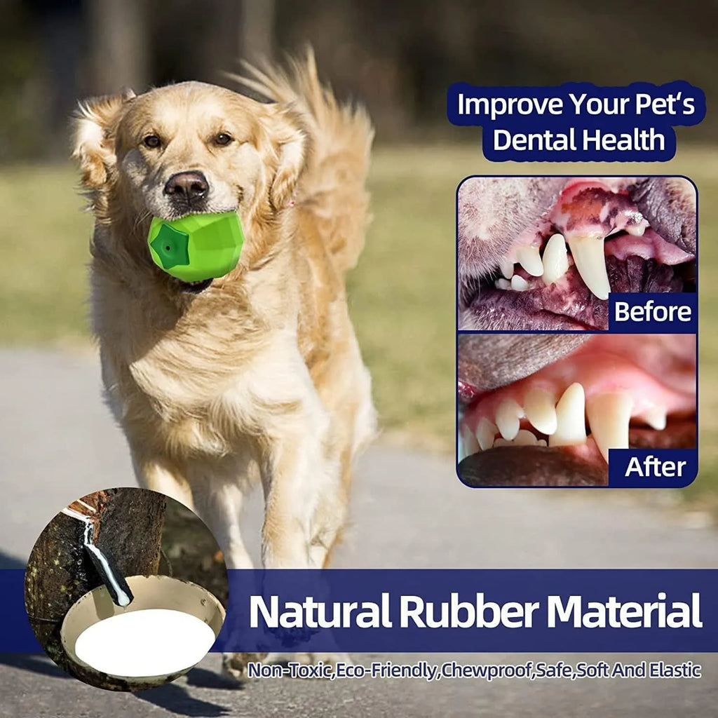 Green natural rubber squeaky dog ball toy for large breed aggressive chewers.