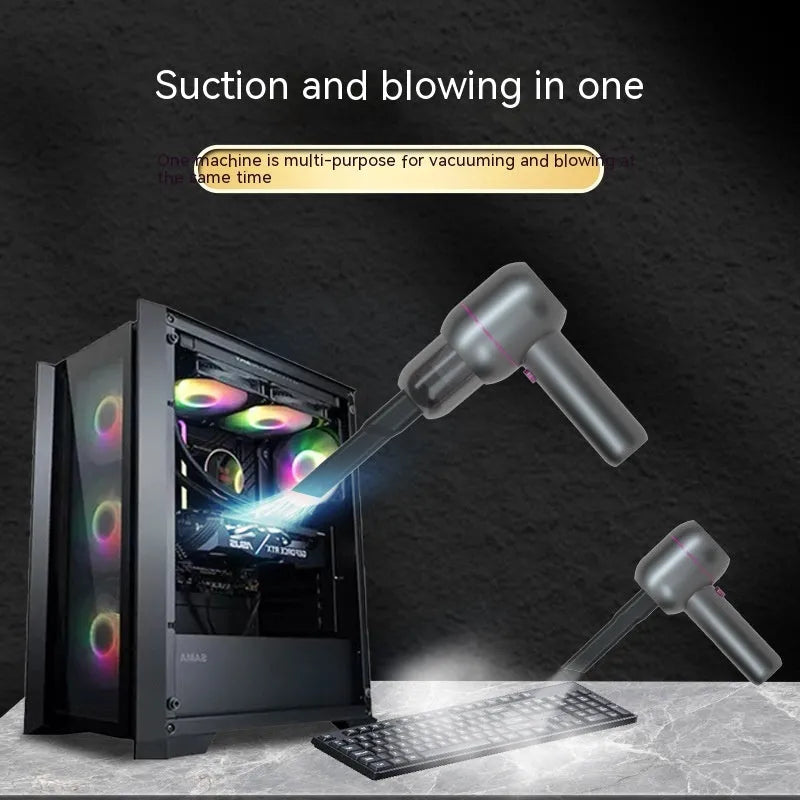 Grey handheld portable car vacuum cleaner with brush nozzle and extended nozzle for dust removal and inflation.