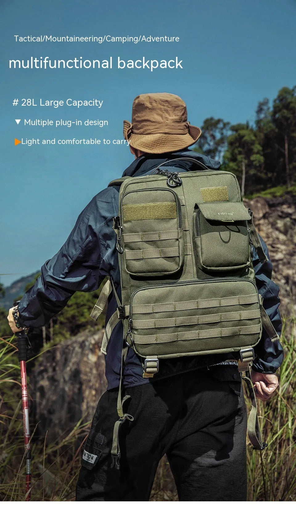Army Green waterproof tactical backpack with 17-inch size and 20-35L capacity for outdoor sports