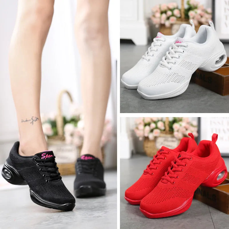 Women's white breathable flyknit mesh dancing shoes with a soft PU sole on a light background.