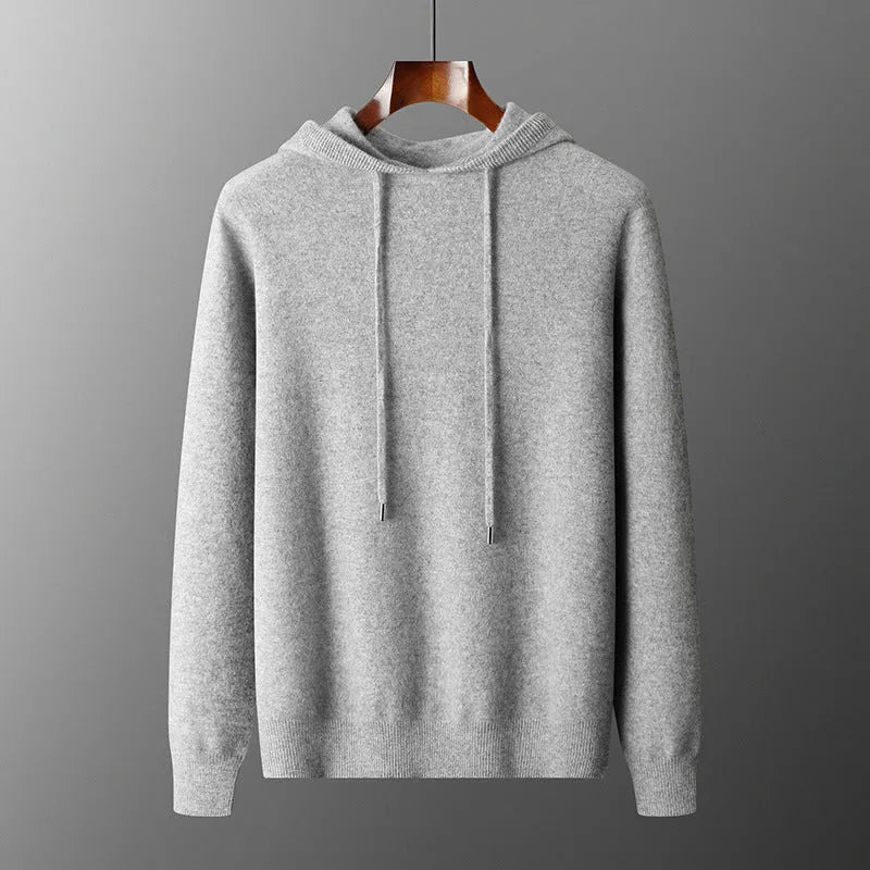 Men's light grey cashmere hoodie and trousers leisure set with hooded sweatshirt