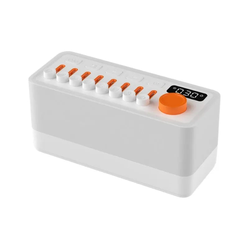 White DIY smart sleep speaker RGB colour small night lamp with alarm and call functions on a bedside table