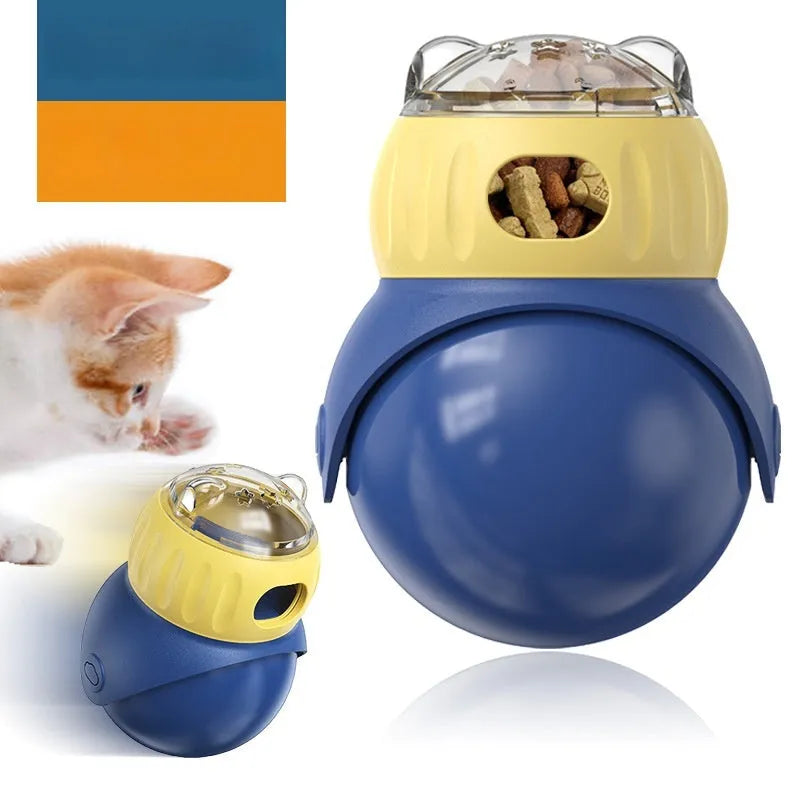 Morandi yellow and blue owl-shaped cat food puzzle feeder for self-service feeding