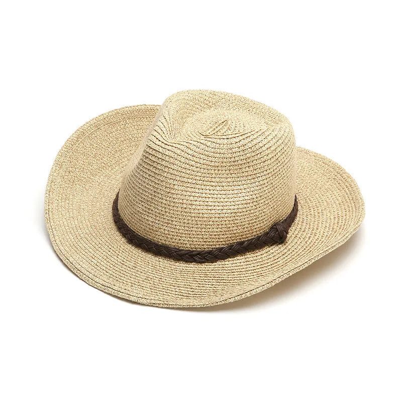 Men's foldable straw sun hat with wide brim in beige colour showing folded and unfolded positions