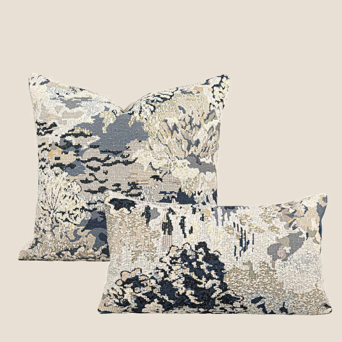 Antique blue decorative cushion with abstract floral artistic pattern on wool blend fabric, shown in square and rectangular sizes.
