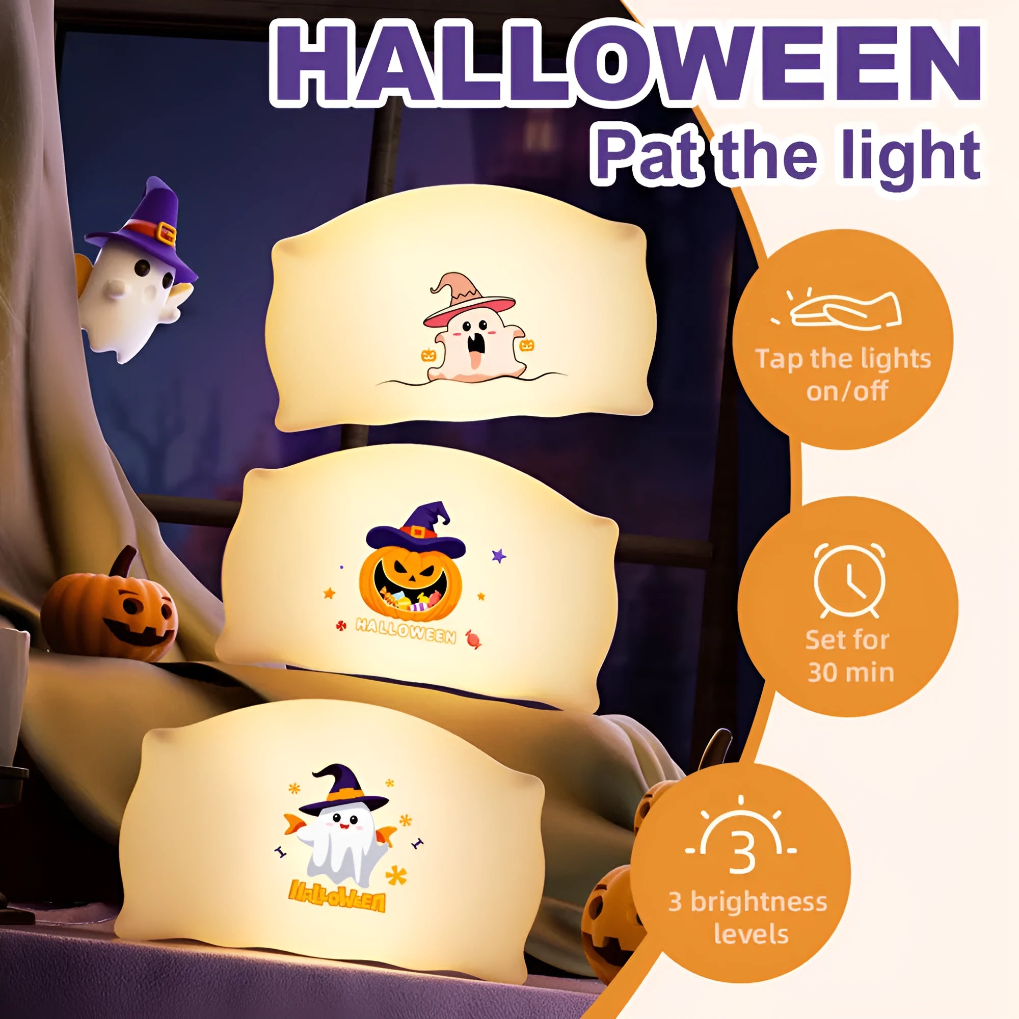 Cartoon Halloween doll table lamp in Magic Ghost or Pumpkin Ghost design, showing warm LED light and compact size.